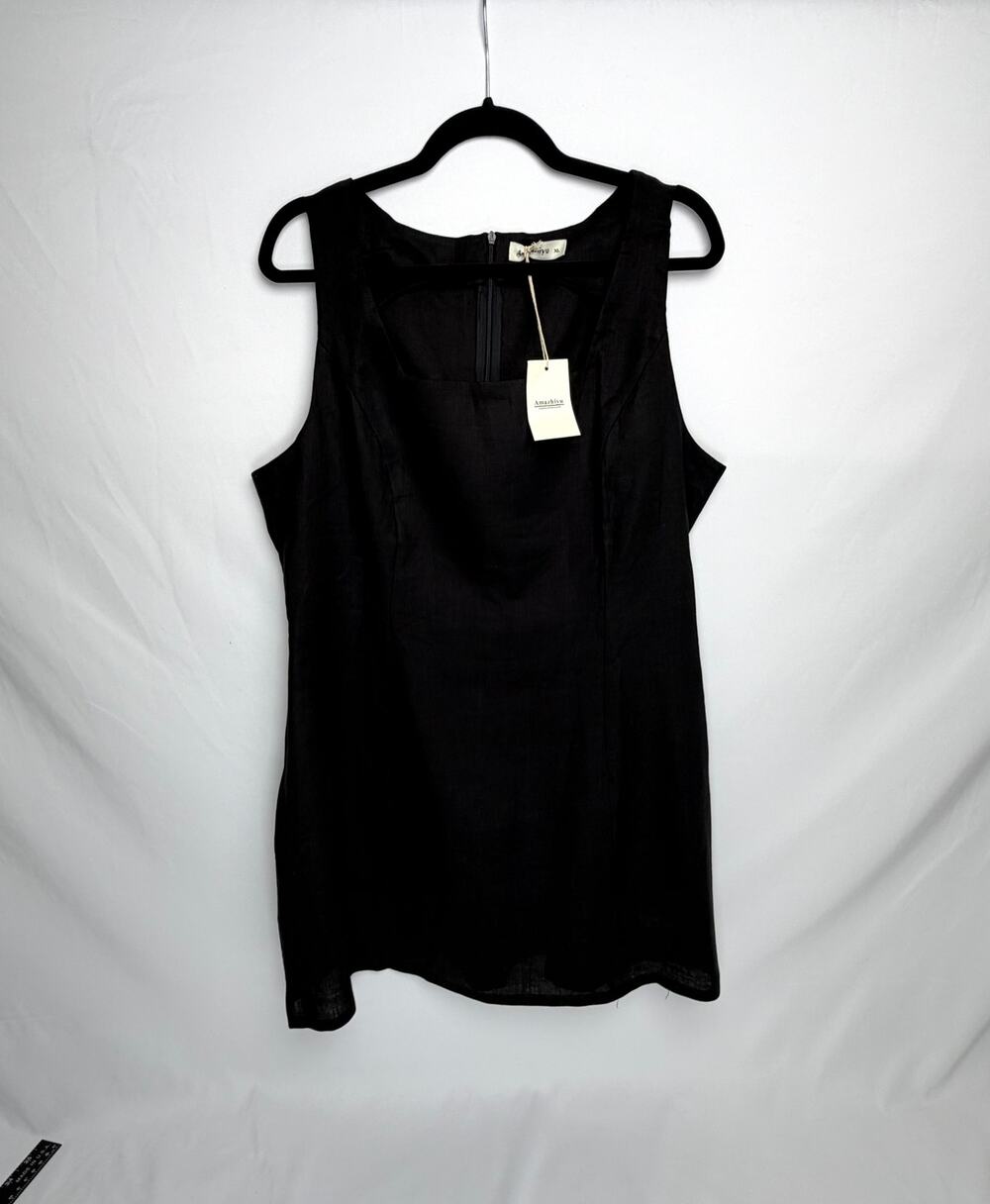 Amazhiyu Womens XL Black Linen Cotton Sleeveless Shift Mini Dress NWT Casual